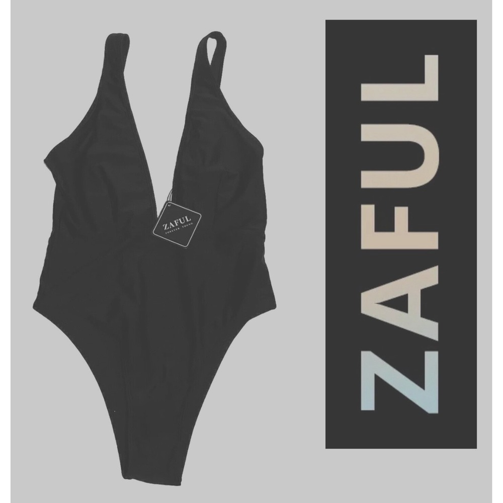 ZAFUL Womens Medium (Size 6) 1 Piece Swimsuit High Cut‎ Leg Low Front/Back Black